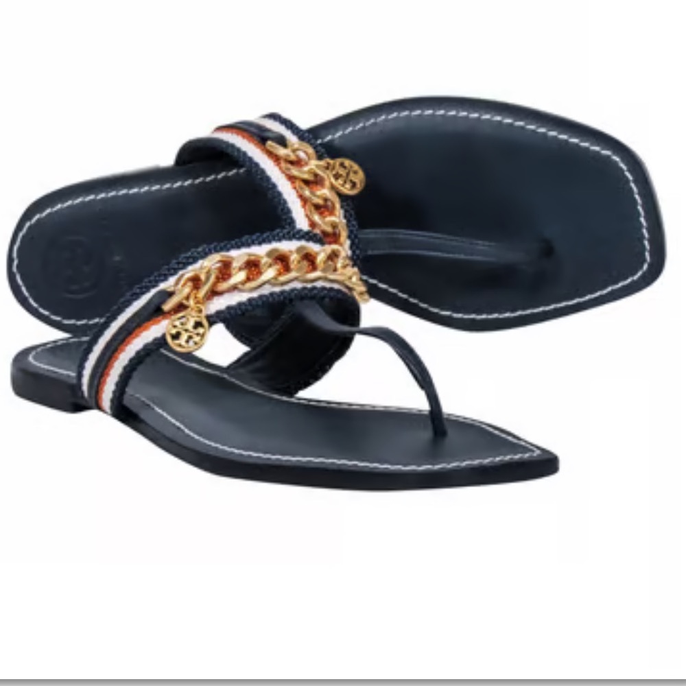 Tory Burch - Dark Navy Leather "Benton" Sandals w/ Chain Band